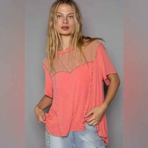 POL Oversized Pearl Detail Ribbed Top Pink Short Sleeve Top Boho Sz M - Picture 1 of 10